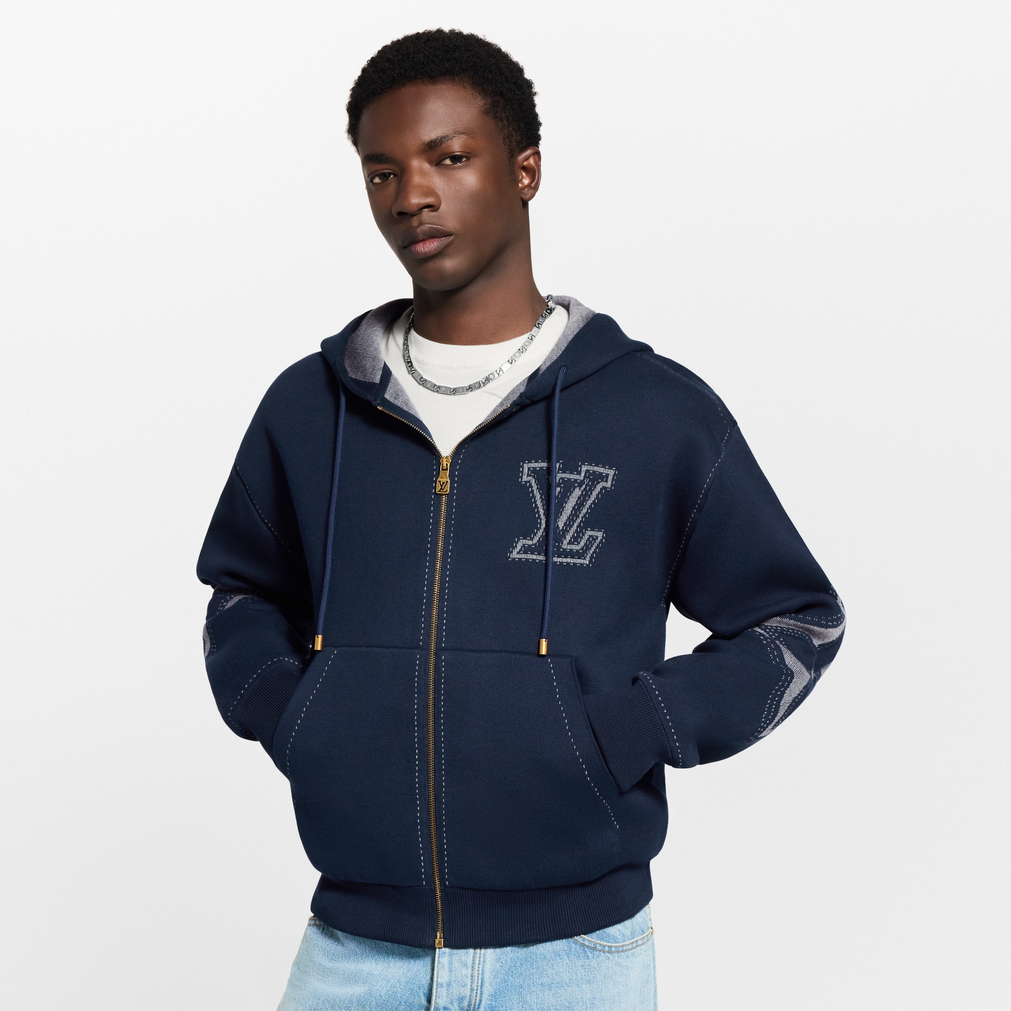 Graphic Intarsia Zipped Cotton Hoodie  in Đồ Nam